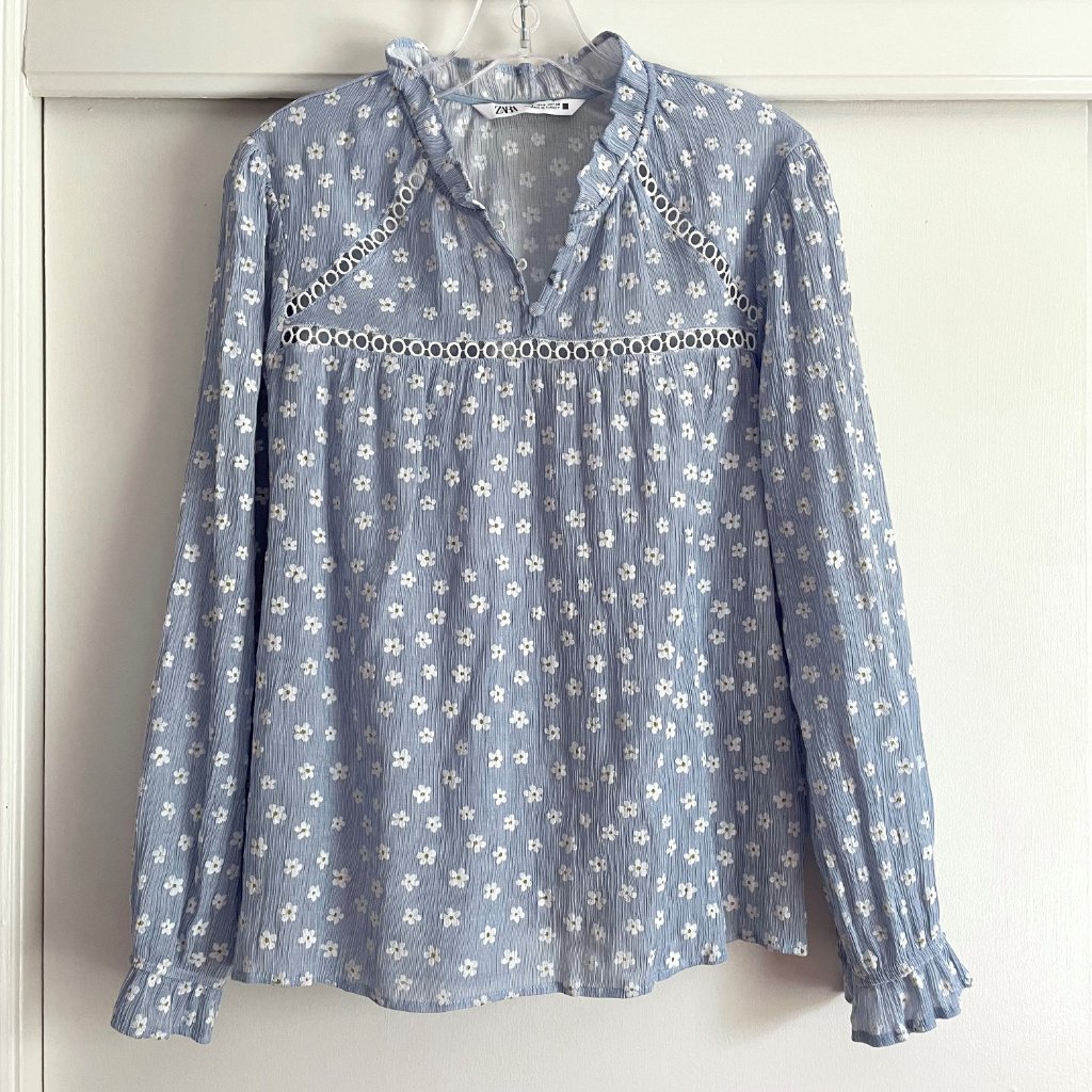 Zara Long Sleeve Ruffle Cuff/Neck Embroirdered Boho Peasant Daisy Print Blouse S